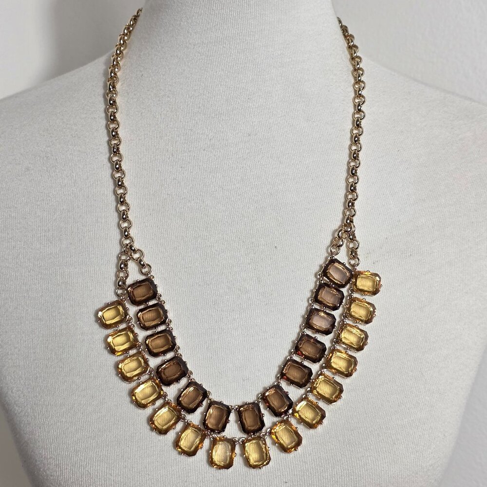 Banana Republic Gold Tone Double Strand Bib Necklace Faceted Amber Brown Stones